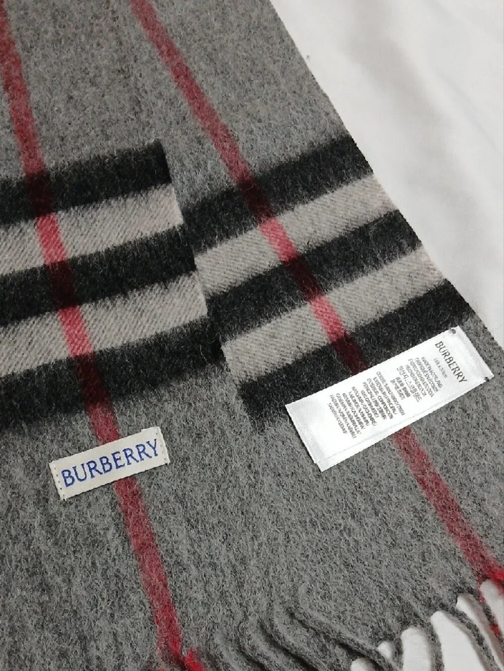 Burberry Gray Plaid Scarf with Black and Red Stripes